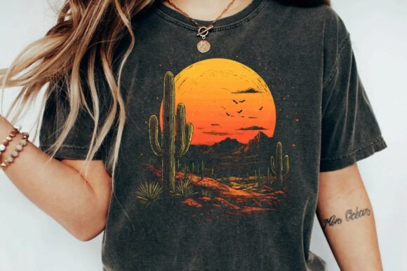 Vintage Desert Sunset Cactus Mountain Retro Graphic T-Shirt Design
